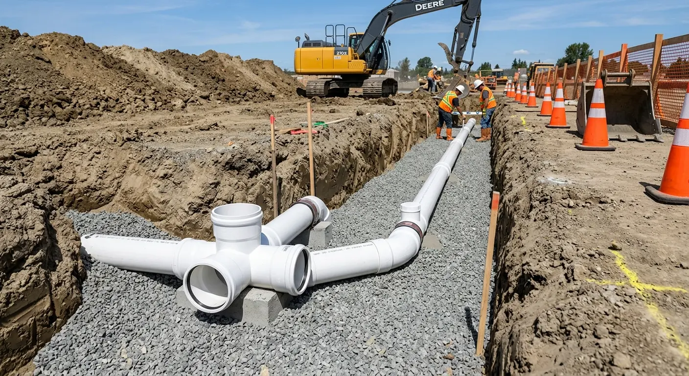 New PVC sewer pipe installation in open trench for Sewer Backup in Converse