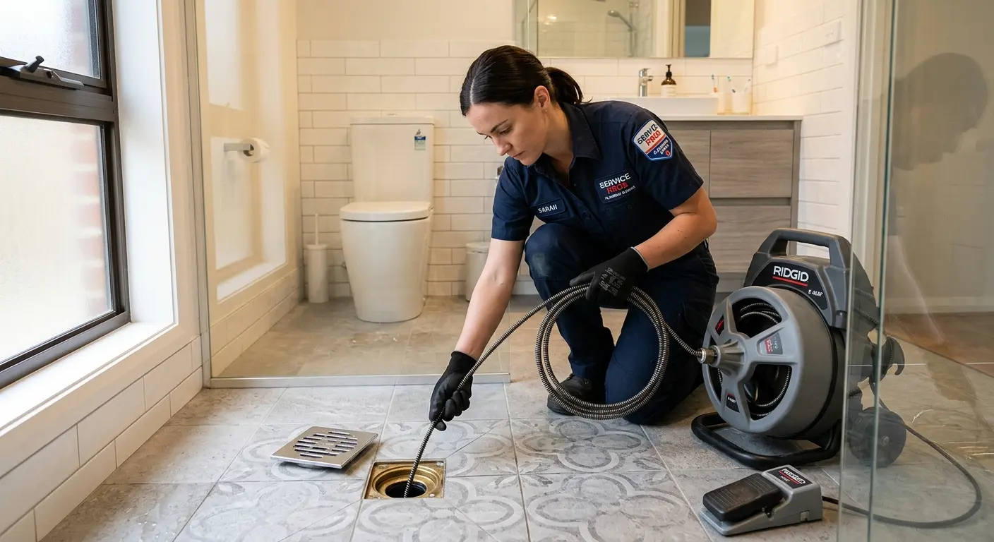 Technician clearing a bathroom floor drain for Drain Repair in Converse